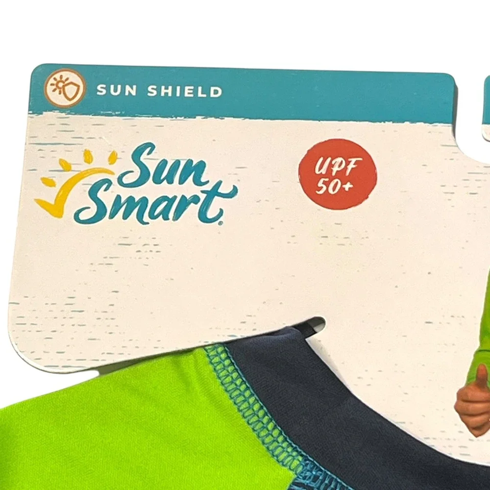 Sun Smart Boy's Rash Guard Swim Tee UPF 50+ Surf Car Graphic Green Blue Size 2-4